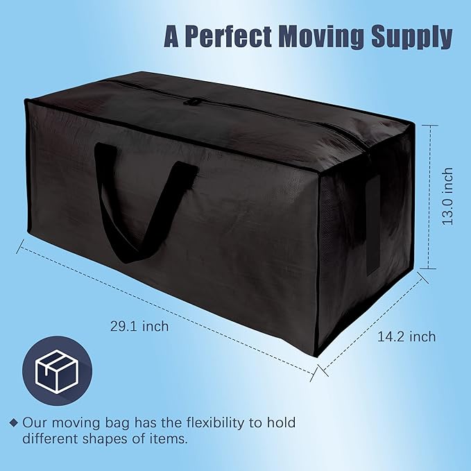 HOMESURE 8 Pack Large Strong Bags with Zippers & Carrying Handles - Water-Resistant - Heavy Duty Storage Tote for Space Saving, Fold Flat, Alternative to Moving Box (Black)