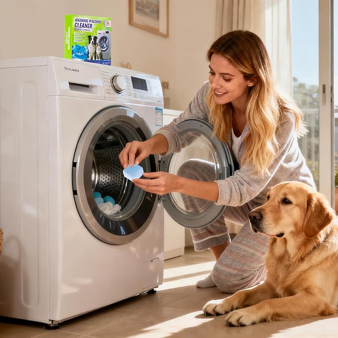 Washing Machine Cleaner Tablets for Pet Owners - Easily Removes Cat & Dog Hair, Urine, Odor,Residue,Front & Top Load Washer Machine Cleaner Deep Cleaning, Septic Safe, 24 Pack (12 Month Supply)