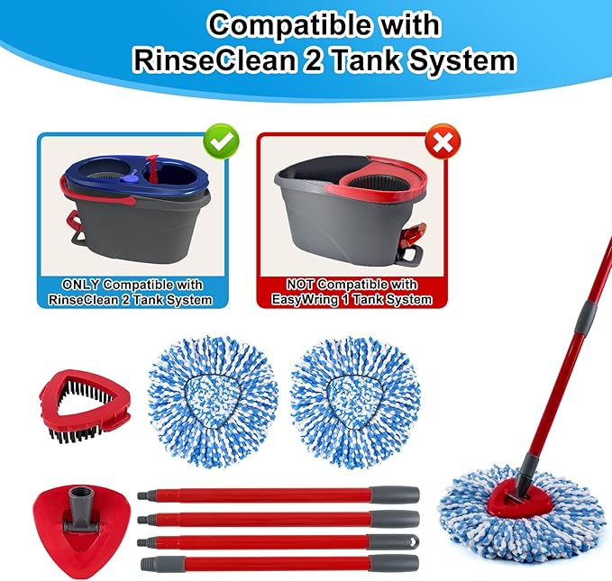 Spin Mop Handle,Mop Head,Base and Brush for OCedar RinseClean 2 Tank System,Include 2 Microfiber Spin Mop Replacement Head,4 Section 30-58" Iron Mop Handle,1 Base and 1 Scrub Brush for Floor Cleaning