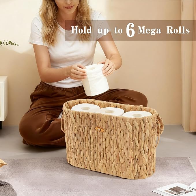 Toilet Paper Storage Basket, Water Hyacinth Toilet Paper Holder with Lid, Wicker Storage Basket with Built-in Handles for up to 6 Mega Rolls, Wicker Baskets Bathroom Accessories Organizer