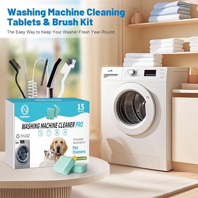 Washing Machine Cleaner, Washer Machine Cleaner Tablets 15 Pcs + Dryer Vent Cleaner Kit 12 Pack, Crevice Cleaning Brush for Bathroom, Shower & Kitchen, All-in-One Multi-Surface Scrubbing Brushes
