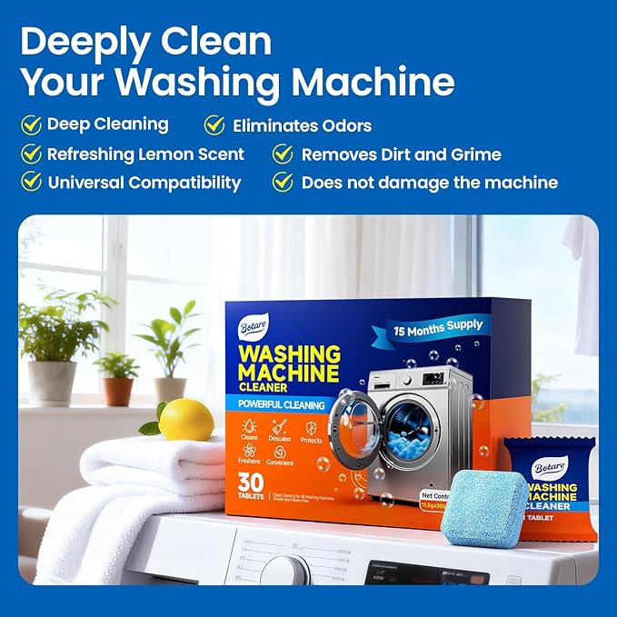 Washing Machine Cleaner tablets, 30 Count - 15 Month Supply, Deep Cleaning Deodorizer for HE Front & Top Loader Laundry Washer, Cleans Inside Drum Pump Valve Hoses, Septic Safe, Lemon Secent