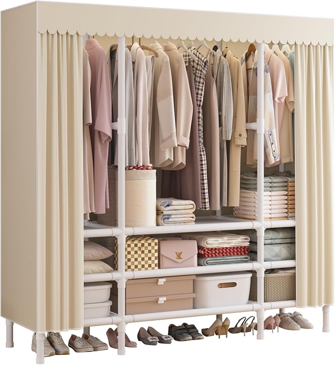 Portable Closet,Garment Rack,Heavy Duty Clothes Rack with Cover,Wardrobe Closet with 3 Hanging Rods, 9 Storage Shelves,55.1" L x 17.7" W x 67.7" H,Pale Yellow