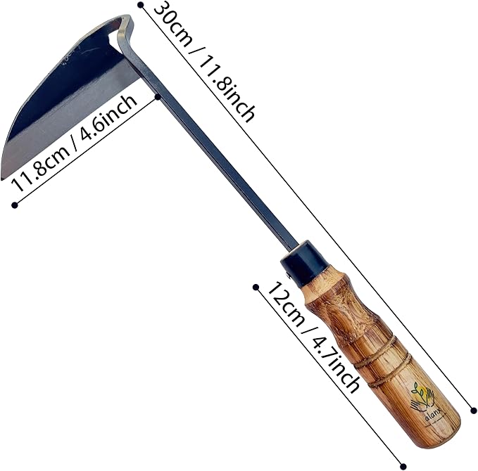 alanx 12 Inch Japanese Gardening Hand Weeding Sickle, Weeding Hoe with Long Wooden Handle