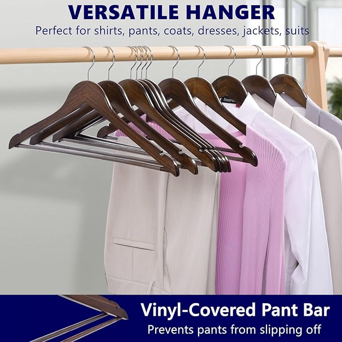 Amber Home 30 Pack Walnut Wooden Coat Hangers, Vintage Wood Suit Hangers with Non-Slip Pant Bar, Clothes Hangers for Closet Organization, Shirts, Jackets, Dresses, and Pants (Retro, 30)
