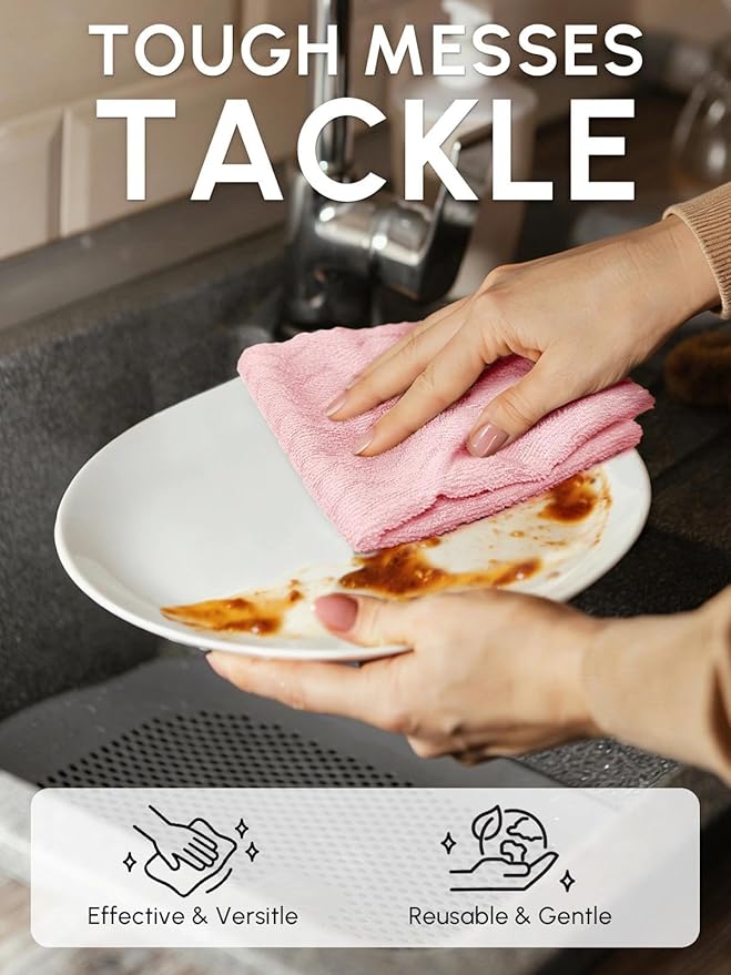 Microfiber Cleaning Cloths Roll, 75 Pack Tear Away Microfiber Towels Roll, 12" x 12" Lint Free Rags, Reusable Cleaning Cloths, Washable, Scratch Free,Ultra Absorbent Dish Rags(Pink Ripple)