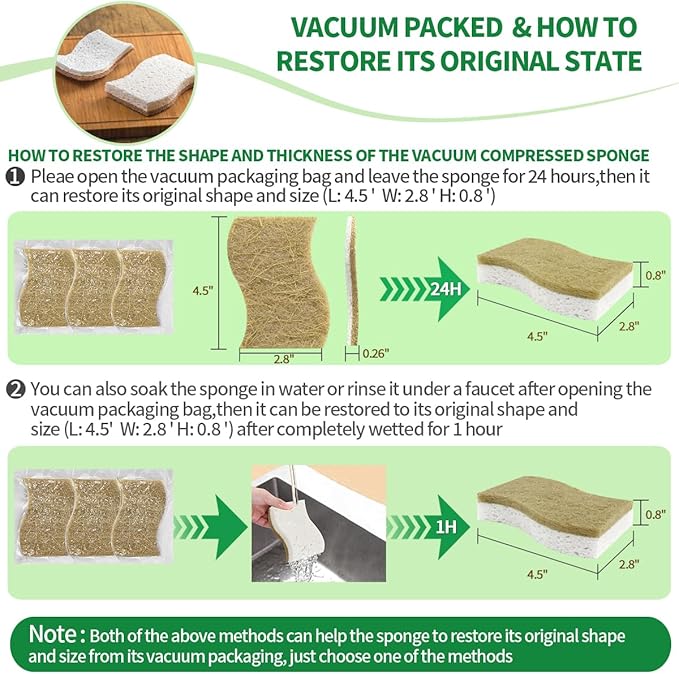 Sponges Kitchen Natural Dish Sponge Plant-Based Biodegradable Compostable Cellulose with Coconut Scrubber Sponge Non Scratch Eco Friendly Kitchen sponges for Kitchen Dishes