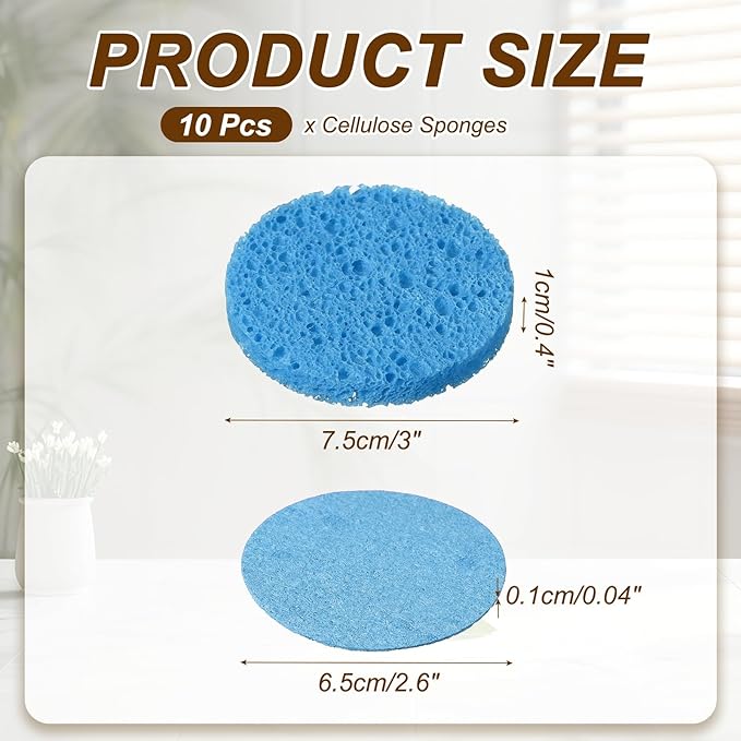 uxcell 10Pcs Cellulose Sponges, Round Kitchen Clean Sponges Non-Scratch Compressed Dish Scrubber for Kitchen Household Cookware Bathroom Cleaning & DIY, Blue
