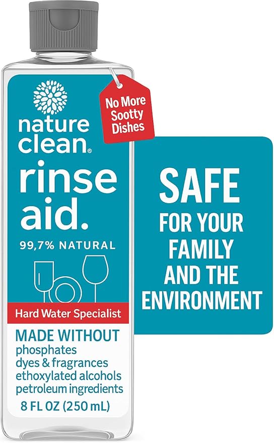 Nature Clean Dishwasher Rinse Aid Liquid, Non Toxic Natural Formula, Spot Free Shine for Glasses & Dishes, Hard Water Stain Remover, Dishwasher Drying Agent, 8 oz/250 ml Pack of 12