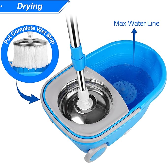 Spin Mop & Bucket, 360 Spinning Mop Bucket Kit, Stainless Steel Bucket Wringer Set, Plus 3 Replacement Head Refills, 360 Spinning Mopping System, 61" Extended Handle for Floor Cleaning (Blue)