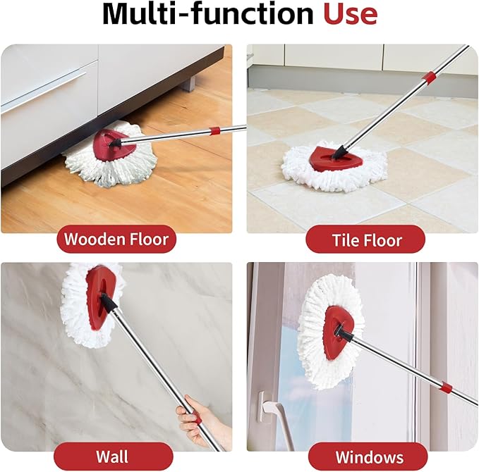 Spin Mop Head, Base, Handle Replacement for O-Ceda EasyWring Microfiber Spin Mops, 2 Microfiber Mop Refills, 1 Triangle Head Cover and 30-58in Handle Set Combo (White(1 Tank System))