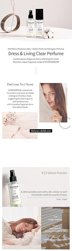 W.Dressroom No.13 Velvet Powder Dress & Living Clear Perfume (2.36 oz) - Fresh Scent for Clothes, Fabrics, Carpets & Rooms, Natural Odor Eliminator, Eco-Friendly, Water-Based