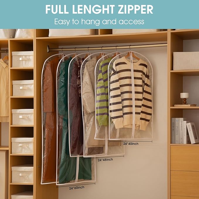All Clear Garment Bags for Hanging Clothes, 48" Suit Bags for Closet Storage, Plastic Dustproof Suit Cover Bags, Clothes Protectors Bag with zipper for Coats, Jackets, Shirts（10 Packs）