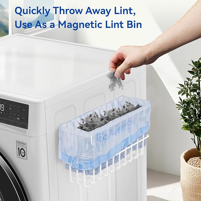 Laundry Room Organization and Storage Magnetic Dryer Ball Holder with Magnetic Hanger Holder, Magnetic Lint Bin for Washer Dryer, Iron Basket Dryer Ball Container, Magnetic Laundry Organizer (White)