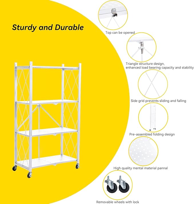 BRIAN & DANY 4-Tier Foldable Storage Shelves with Wheels, Folding Metal Rack Shelving Unit, Heavy Duty No Assembly Organizer Shelf for Garage, Kitchen, Pantry, White