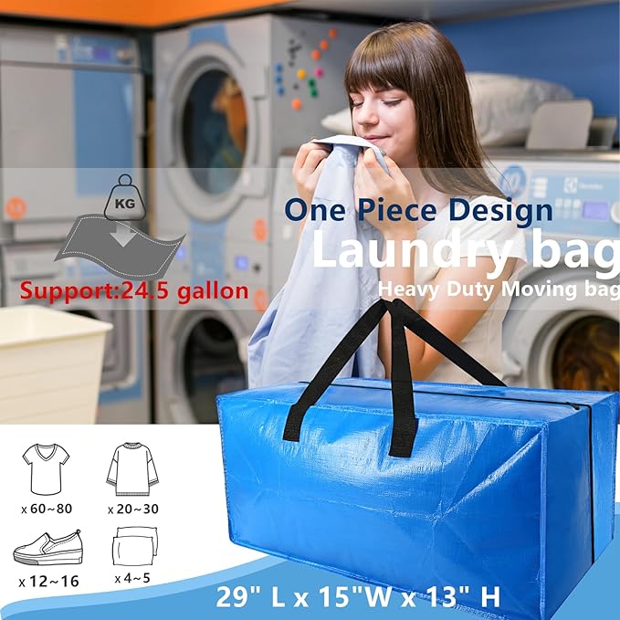 6 Pack Heavy Duty Extra Large Moving Bags Storage Tote - Strong Handles& Backpack Straps - Space Saving Storage Bags Alternative to Moving Boxes and Bins,Compatible with Ikea Frakta Cart, Blue