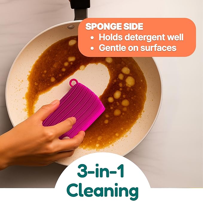 3-in-1 Silicone Scrubber Sponge with Squeegee – Non-Scratch Kitchen Sponge for Dishes, Sink & Bathroom, Quick-Dry, Reusable Cleaning Tool (Pink)