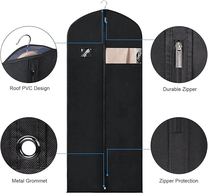 Syeeiex 60'' Garment Bags for Hanging Clothes(Set of 8), Dress Bags for Gown, Garment Bag for Dresses Long, Dress Garment Bag for Suit, Evening Dresses, Fur Coat, Long Dress Gown(Black)
