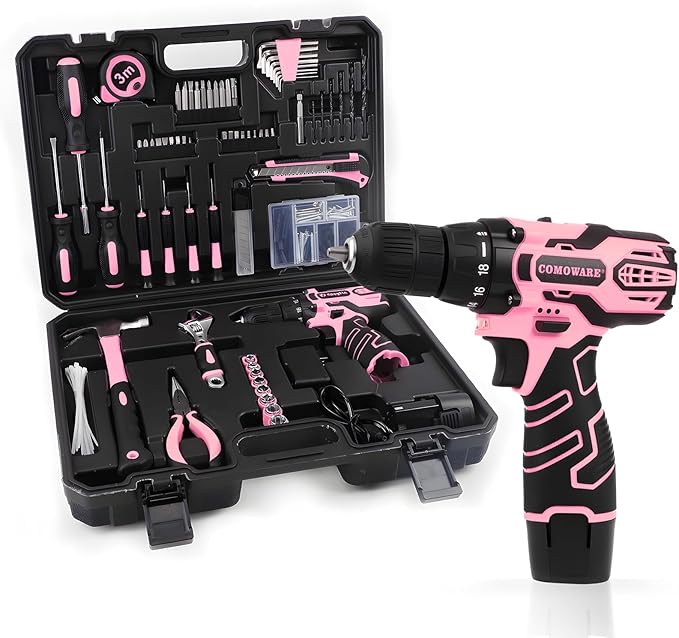 COMOWARE Pink Household Tool Set with 12V Cordless Drill Driver, Hand Tool Kit for Women, Power Drill Set with Plastic Toolbox, Ideal for Office, Garden, DIY Project