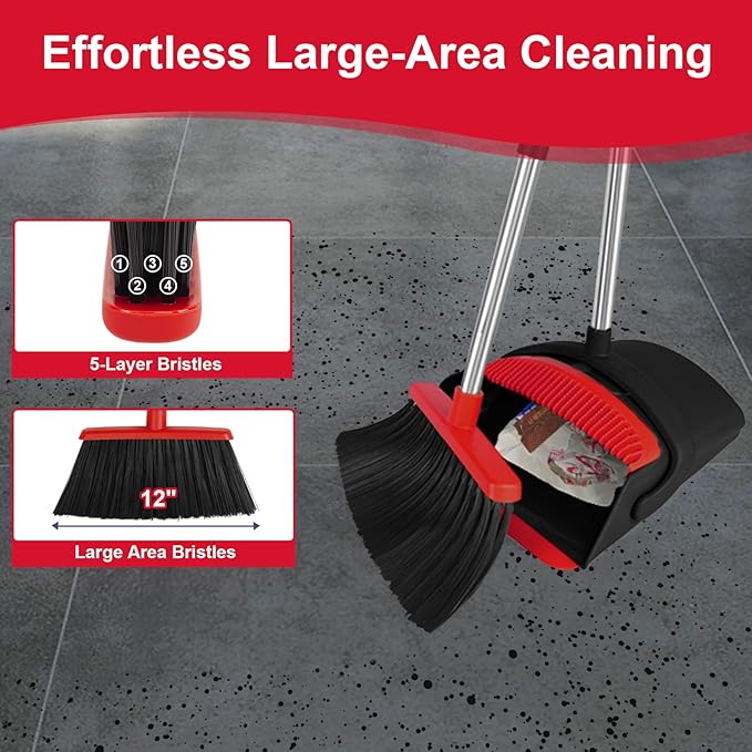 Broom with Dustpan Combo Set and Silicone Air Broom Kit, 51" Long Handle Floor Squeegee, Red Household Kit for Glass Window Rugs Pet Hair Home