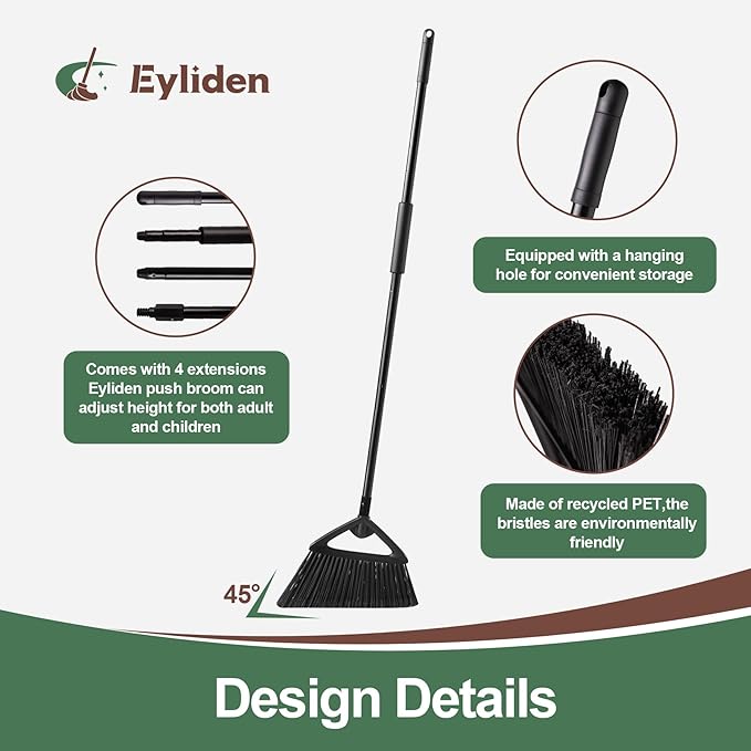 Eyliden Broom, Angle Broom with 57" Long Handle, PET Bristles - Fit Heavy-Duty Cleaning, Also Works Well Fine Dust - Commercial Outdoor Indoor Sweeper for Courtyard Sidewalk Deck Kitchen Lobby, Black