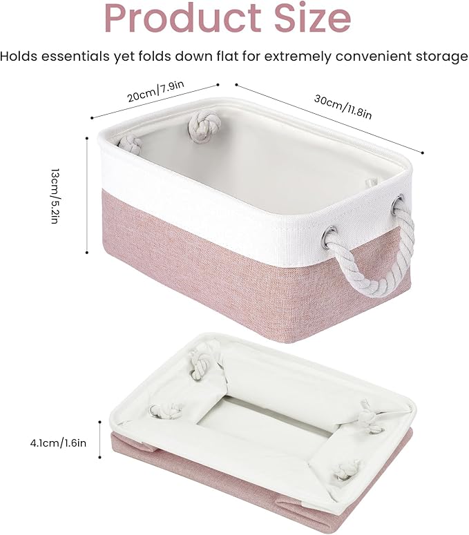 Storage Baskets for Shelves 11.8x7.9x5.2 Inch-Foldable Fabric Organizing Storage Bins with Handles, Closet & Bathroom Organizer, Home Storage for Kitchen, Office (3-Pack, White&Pink)