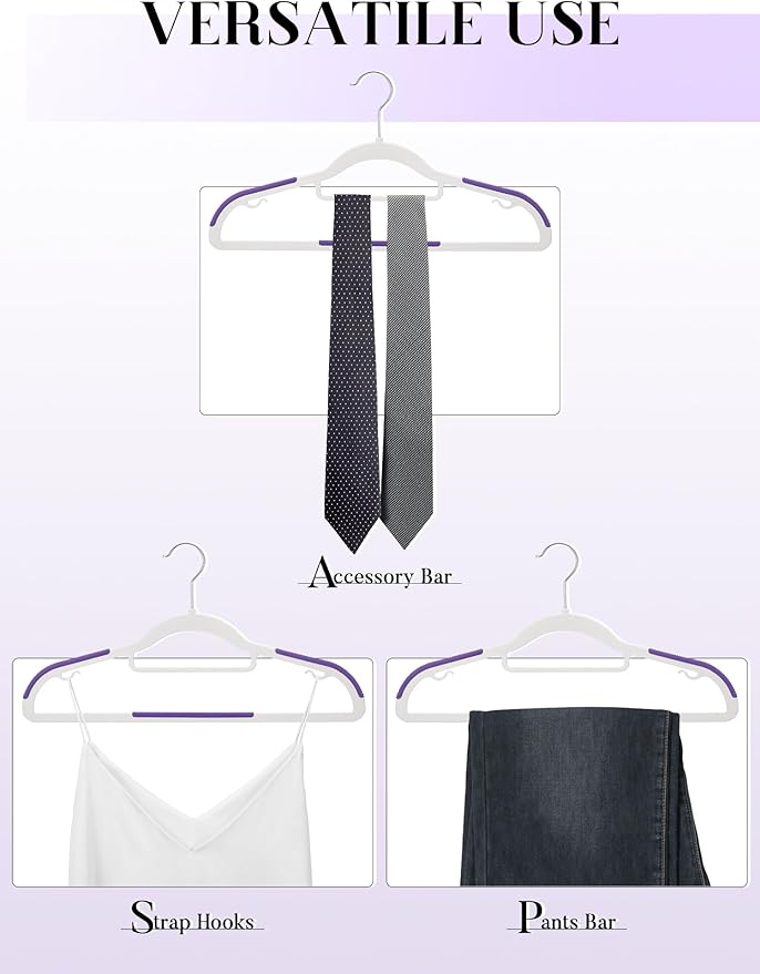 HOUSE DAY Plastic Hangers 50 Pack, Clothes Hangers Non Slip with Rubber Grip, Heavy Duty Plastic Hanger with 360º Swivel Hook, Ultra Thin Hanger Space Saving for Closet - Purple
