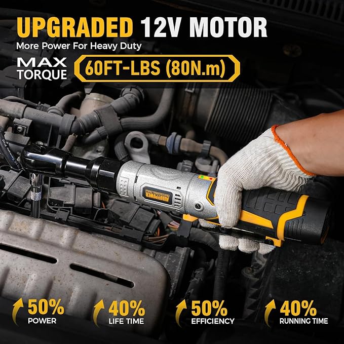 3/8" Cordless Ratchet Wrench Set, 60FT-LBS(80N.m) Electric Ratchet, 12V Extended Power Ratchet Wrench Set with Variable Speed, 6 Sockets, LED Light, 1/4" Adapter,1/2" Adapter,2 Batteries