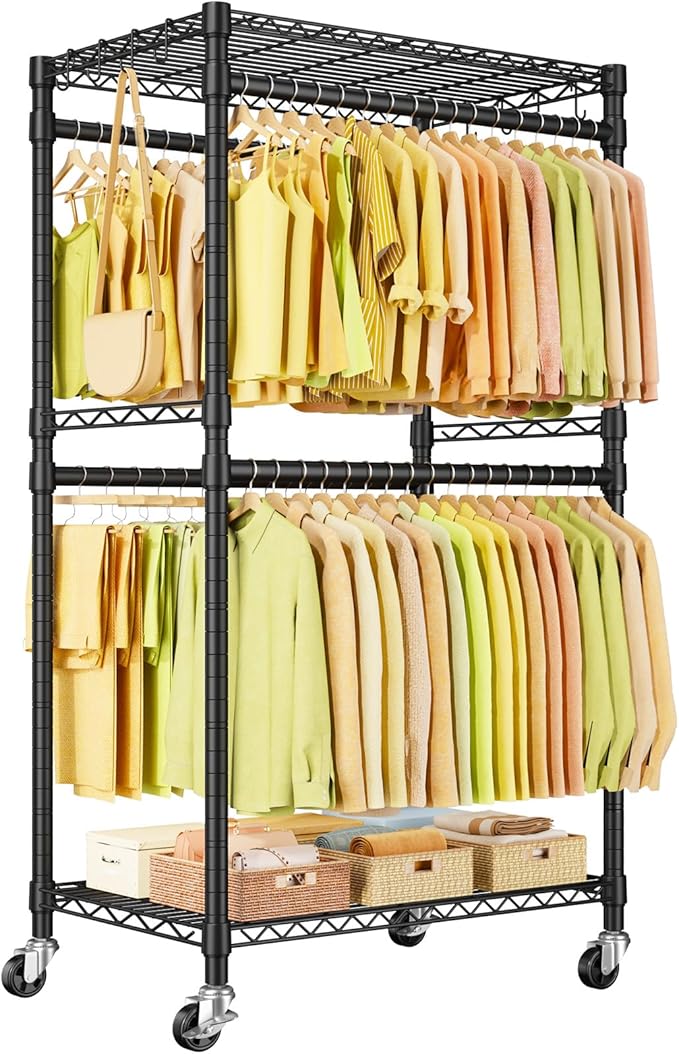ULIFHOME P4 Rolling Clothes Rack Heavy Duty, Clothing Racks for Hanging Clothes, Freestanding Garment Racks with Wheels, Metal Portable Closet Rack 35.5''W × 20.5''D × 80.5''H, Max Load 560Lbs, Black