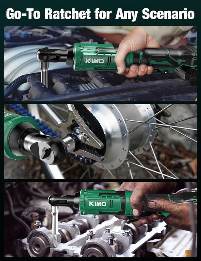 KIMO 20V Cordless Ratchet Wrench 3/8, 89Ft-lbs 400RPM Electric Ratchet Wrench Set with Variable Speed, 2x2.0Ah Battery Ratchet, LED Light, 7Socket, 3/8" to 1/4" Adapter, 3" Extension Bar, Fast Charger