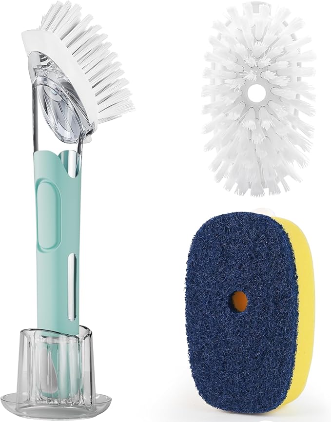 Dish Brush with Soap Dispenser Storage Set with 2 PCS Brush Refills & Holder, Dish Scrubber with Soap Dispenser, Dish Soap Brush, Dish Wand with Soap Dispenser for Dishes, Pans, Sink, Pots(Blue)