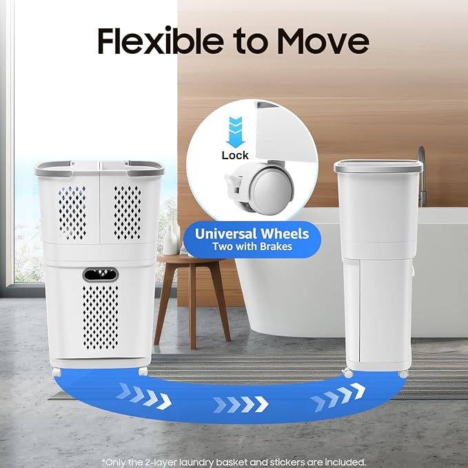 Bathroom Laundry Basket 2 Layer Clothes Storage Basket Household Bathroom Simple Storage Shelf Kitchen Shelf Fruit Stand with Wheels Vertical Standing Storage Basket Stand