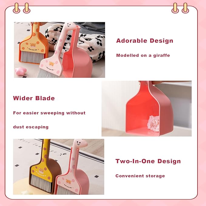 Small Broom with Dustpan Combo Set Cartoon Mini Broom and Dustpan Set Cute Cleaning Kit for Home Office Floor Counter Pet Nest (Pink)