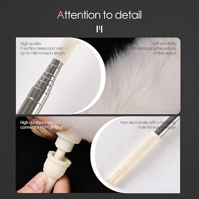 Extendable Lambswool Duster 29-110 Inch,Anti-Static Flexible Head, Stainless Steel Pole for Cleaning High Ceiling,Fan,Furniture,Roof Dusting