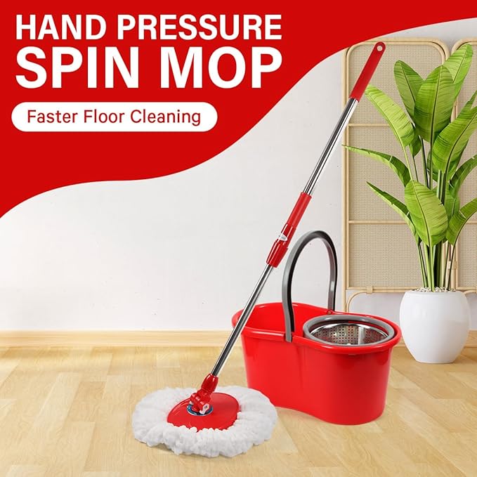 Spin Mop and Bucket with Wringer Set, 360° Spinning Mop and Bucket System with Double Cotton Tip Replacement Heads and Stainless Steel Adjustable Handle for Floor Cleaning (20QT)