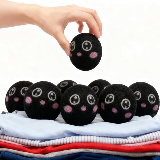 Dry Balls, Black Wool Dryer Balls Laundryer Balls for Dryer Premium 6-Pack New Zealand Wool Save Drying Time by 30%, Eliminate Static Cling, Reusable & Eco-Friendly Chemical Free