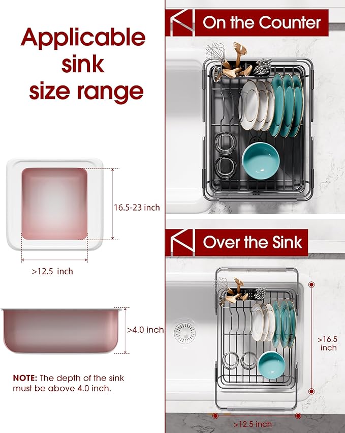 Sakugi Extendable Dish Drying Rack Over Sink with Dish Drainer, Sink Organization and Storage Essentials with Silverware & Utensil Holder, Home and Apartment Decor, 12" W x 16.1~23" L, Silver