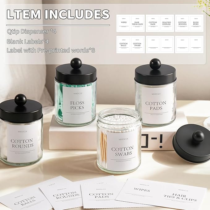 Bathroom Organizers and Storage,4 Pack Bathroom Accessories,Bathroom Decor,Home Decor,Bathroom Storage and Organization,Qtip Holder for Room Decor Aesthetic (Black lids)