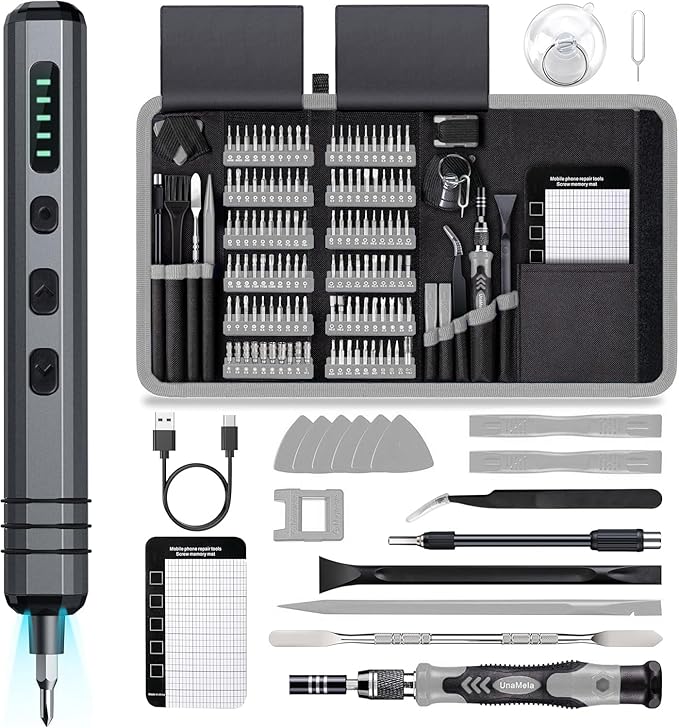 Mini Electric Screwdriver Set 140-IN-1: UnaMela Small Electric Screwdriver Cordless - 5 Torque Settings, 120 Precision Bits, LED Light, Magnetic Power Screwdriver Repair Tool Kit for PC RC Electronics