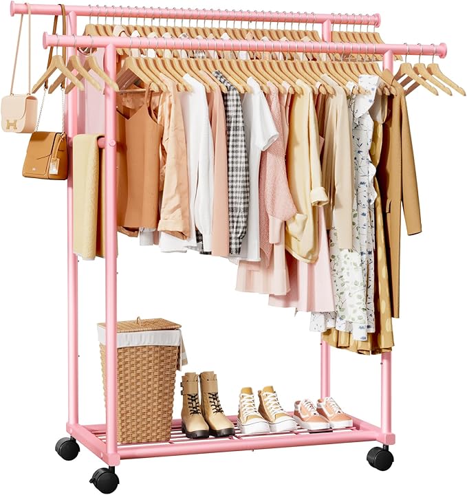 Sakugi Metal Clothes Rack - Double Rod Clothing Rack with Fixed Design and Rolling Wheels, Coat Rack with Built-In Shelf for Closet Organizers and Storage (38.5" x 16.9" x 59.0", Pink)
