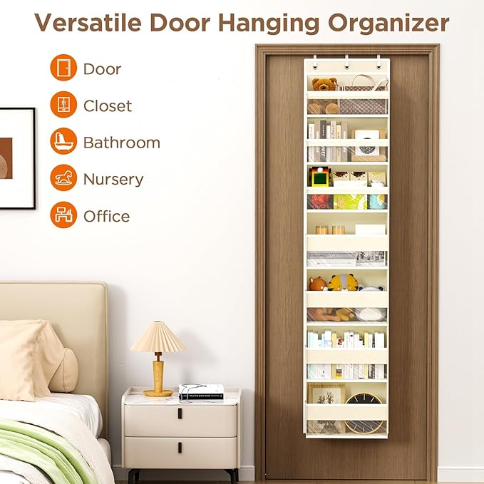 Mefirt Over The Door Organizer, 7 Tier Door Hanging Organizers with 7 Large Pockets 12 Side Pockets, Behind Door Storage Hanging Shelves for Closet Bathroom Bedroom Nursery