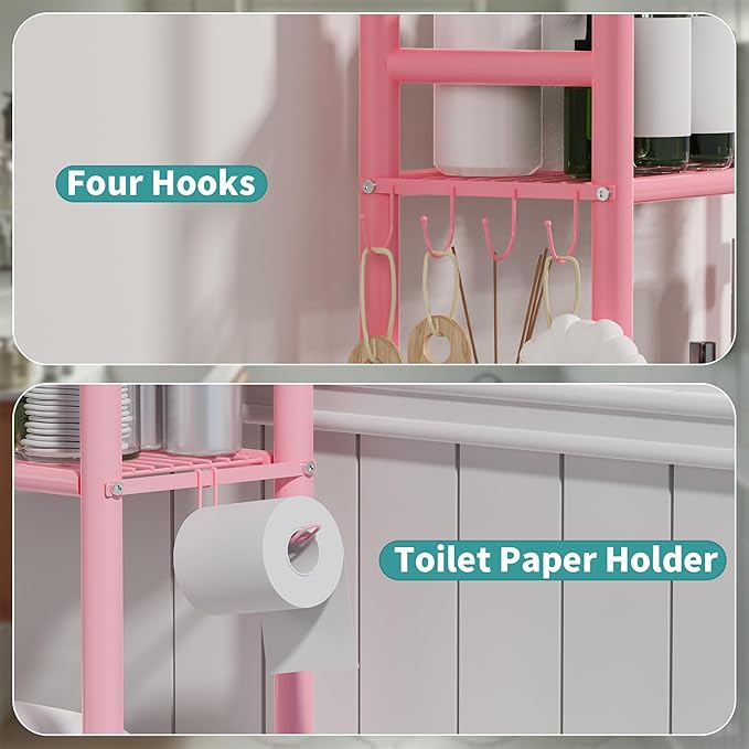 3-Tier Over The Toilet Storage Organizer, Space-Saving Bathroom Rack with Paper Holder & 4 Hooks, 64" Tall Freestanding Carbon Steel Shelf for Small Apartment Laundry Room (Pink)