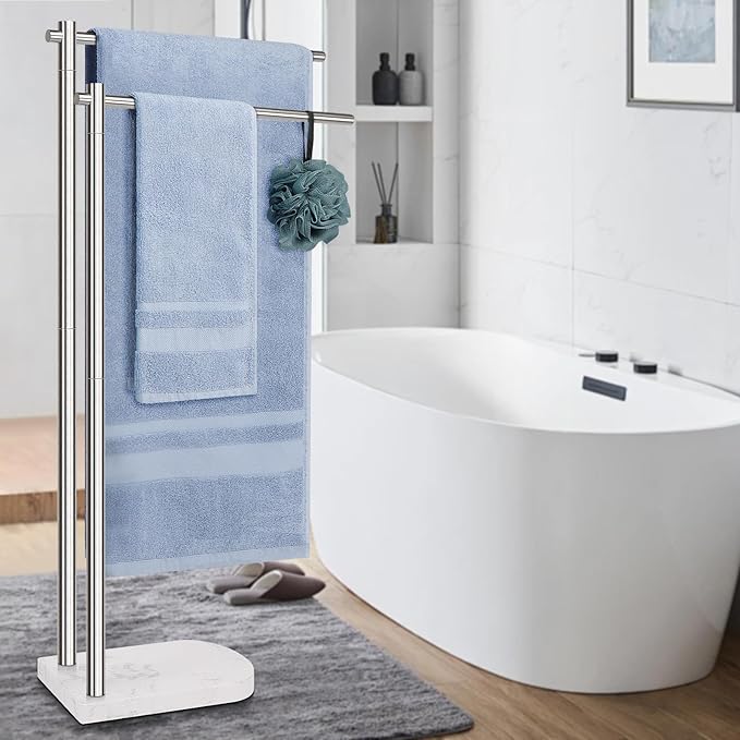 Livabber Standing Towel Rack, 304 Stainless Steel 2-Tier Towel Holder Stand with Marble Base, Modern Stylish Tall Shower Towel Bar for Bathroom Accessories, Pool（Brushed Nickel）