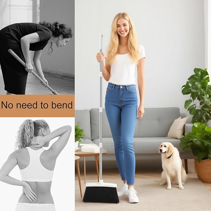 Broom with Dustpan Combo Set for Home Commercial Cleaning Supplies, Angle Broom with Long Handle Perfect for Courtyard Garage Street, White