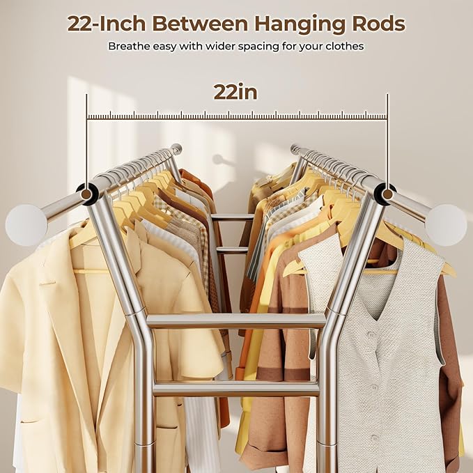HYSEYY Heavy Duty Clothes Rack, Rolling Clothing Rack for Hanging Clothes with Shelves Load 700LBS,Portable Garment Wardrobe Closet Rack with Wheels for Bedroom,Laundry Room,Retail Store,Silver