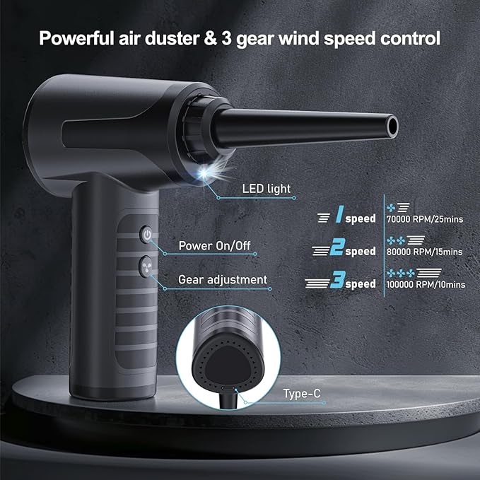 Electric Compressed Air Duster Rechargable Air Blower for Car 100000RPM Air Can Duster for Computer PC Mini Blower Cordless with Led Light Handheld Blower Keyboard Cleaner, Black