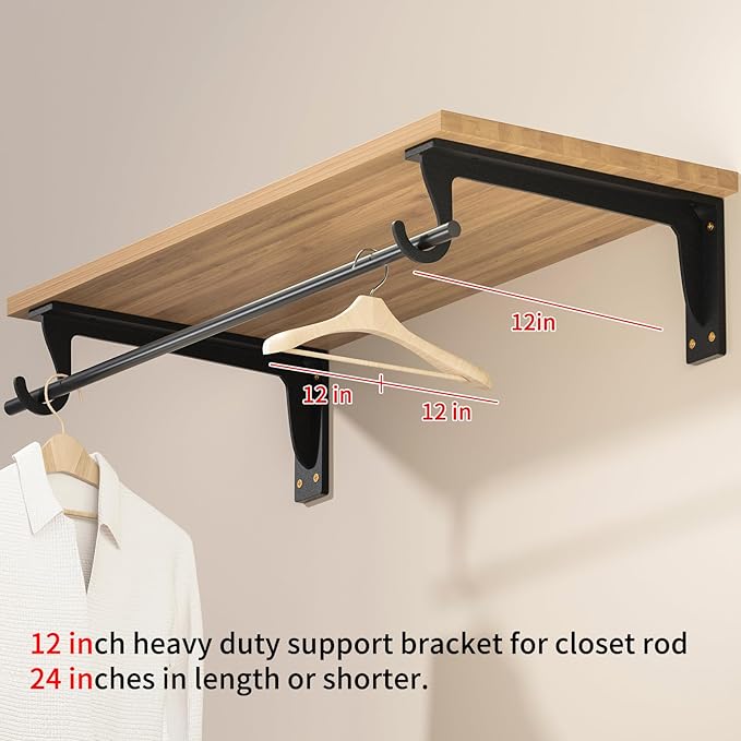 Closet Rod Support Bracket 12inch WYGWP Heavy Duty Closet Rod Holders 400lbs, Wall Mounted Brackets with Hooks for Closets for Home and Decor