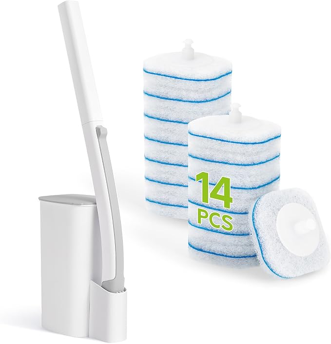 Toilet Bowl Cleaner Wand with 14 Refills, Disposable Toilet Brush Set with Holder, Cleaning System Starter Wand Kit, Bathroom Cleaning Set