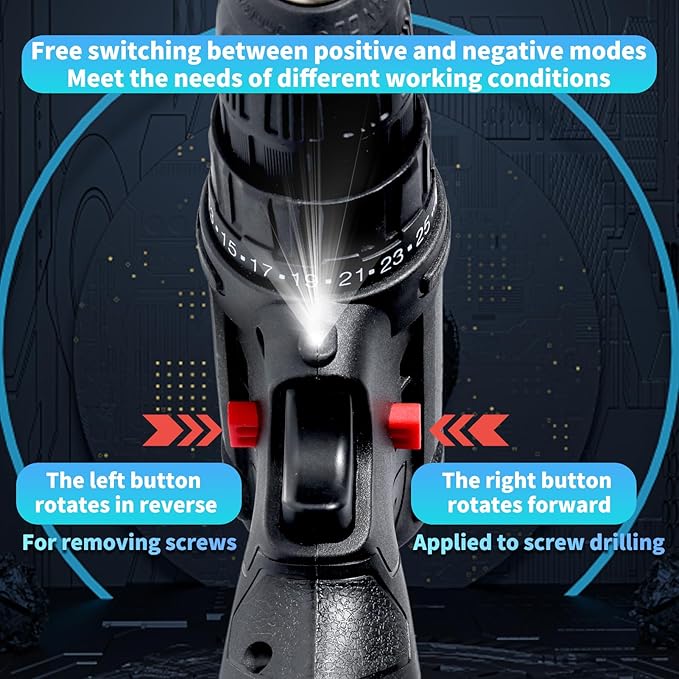 Jadeshay 12V Cordless Electric Drill, Rechargeable Lithium Drill with 3 Batteries, 25 Torque Settings, LED Light, 450W Power Tool Kit for Home & DIY, Includes 24-Piece Accessories