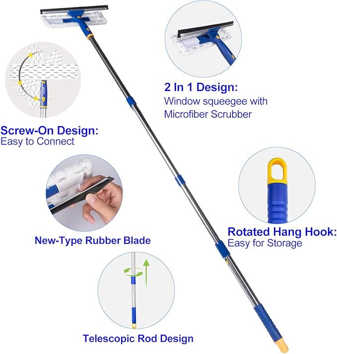 ITTAHO Squeegee for Window Cleaning with Extendable Pole, 53" 2-in-1 Window Cleaning Tool Kit, Shower Squeegee with Long Handle, Indoor/Outdoor High Window Cleaning-Two Pads